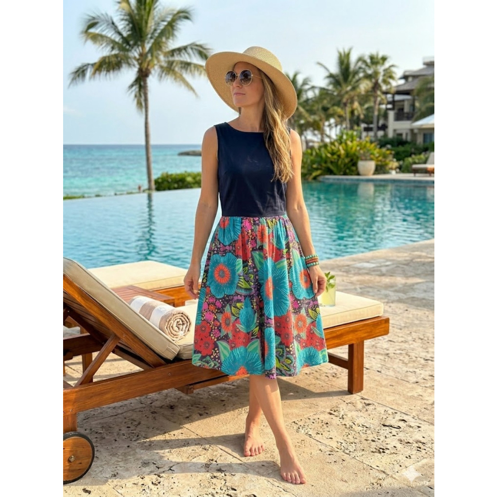 Retrolicious Floral Resort Sun Dress Vibrant Tropical Print Large
